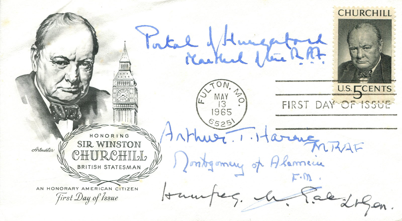 WORLD WAR II:: WORLD WAR II: A good, attractive First Day of Issue cover honouring Winston Churchill, multiple signed by four British military leaders of World War II comprising B. L. Montgomery (1887-1976) British