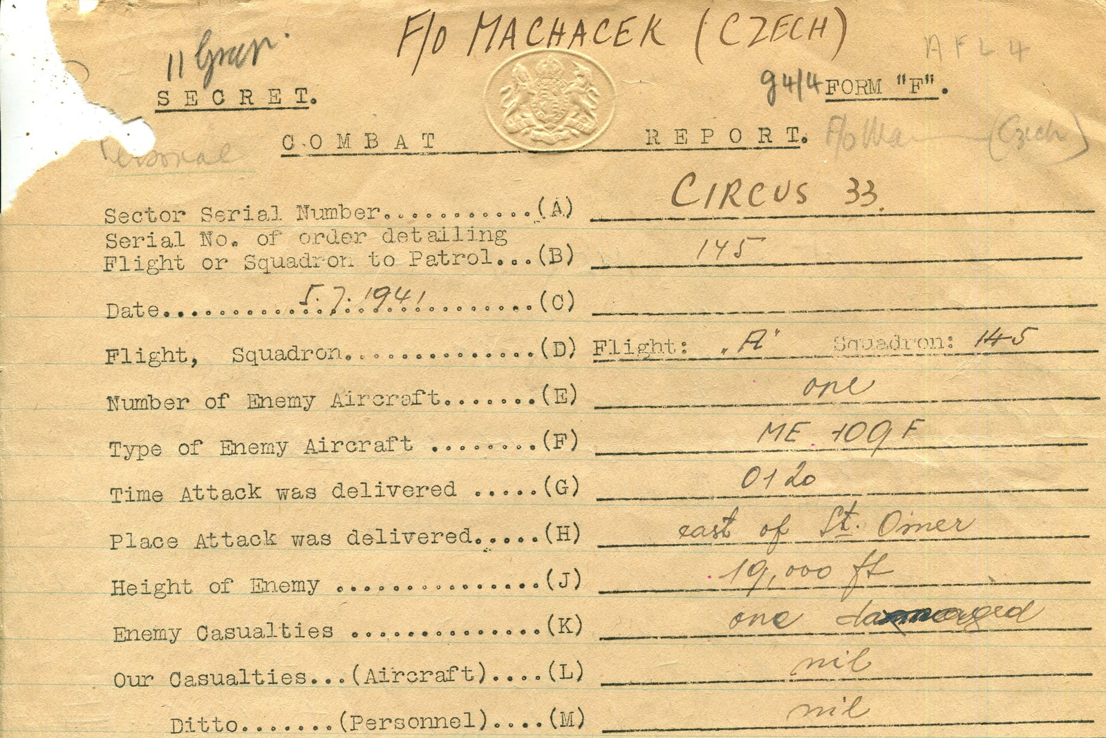 MACHACEK JIRI: (1915-1941) Machacek completes a Combat Report just three days before being killed in: MACHACEK JIRI: (1915-1941) Czech fighter pilot of World War II who served with 310 and 145 Squadrons and participated in the Battle of Britain. A rare document, unsigned, two pages, originally 4to