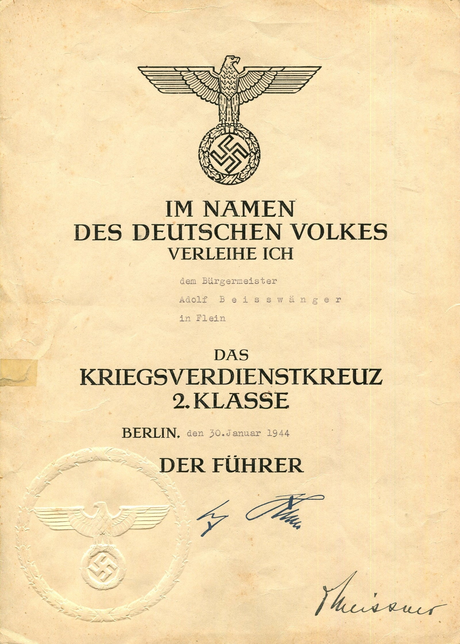 [HITLER ADOLF]: (1889-1945) & [MEISSNER OTTO] (1880-1953): [HITLER ADOLF]: (1889-1945) Fuhrer of the Third Reich 1933-45 & [MEISSNER OTTO] (1880-1953) German civil servant, head of the Office of the President of Germany 1920-45. D.S. in facsimile by both