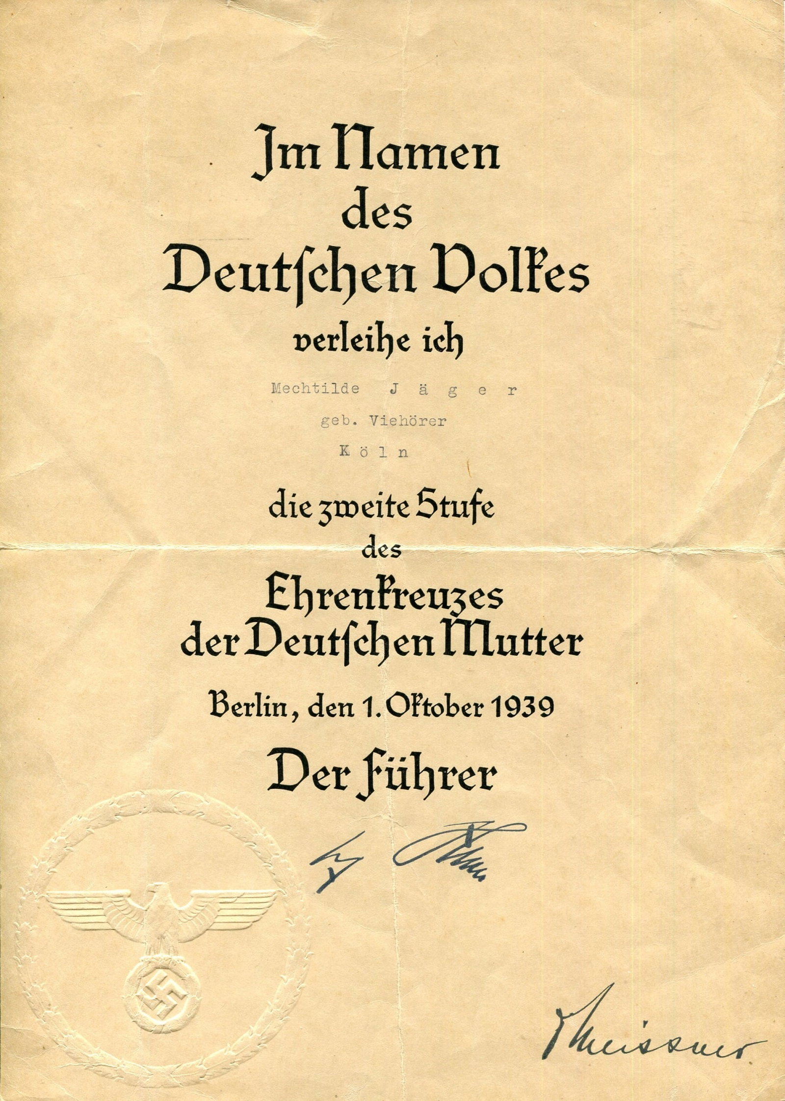 [HITLER ADOLF]: (1889-1945) & [MEISSNER OTTO] (1880-1953): [HITLER ADOLF]: (1889-1945) Fuhrer of the Third Reich 1933-45 & [MEISSNER OTTO] (1880-1953) German civil servant, head of the Office of the President of Germany 1920-45. D.S. in facsimile by both