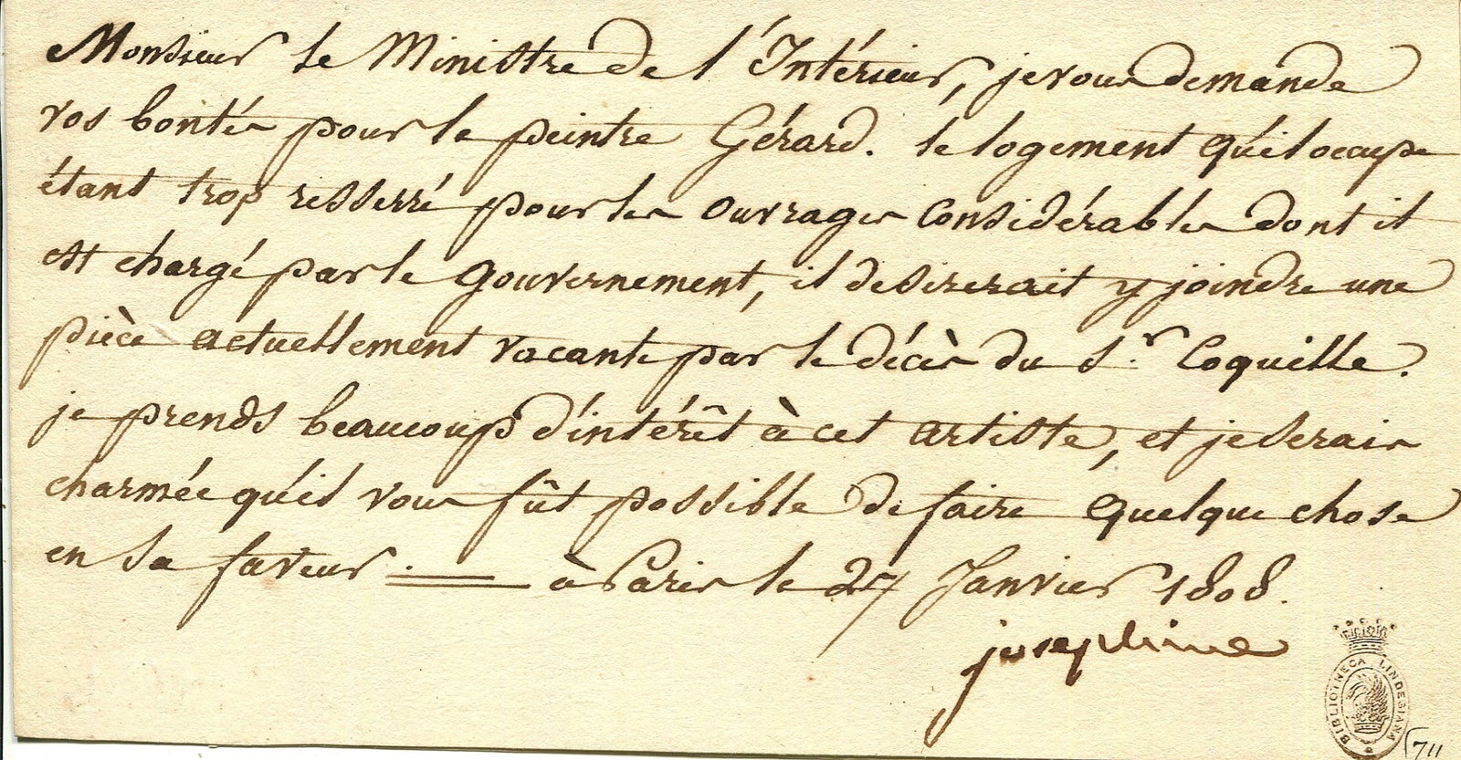 DE BEAUHARNAIS JOSEPHINE: (1763-1814): DE BEAUHARNAIS JOSEPHINE: (1763-1814) Empress Consort of the French 1804-10, the first wife of Napoleon Bonaparte. A good L.S., Josephine, one page, slim oblong 8vo, Paris, 27th January 1808, to [Emma