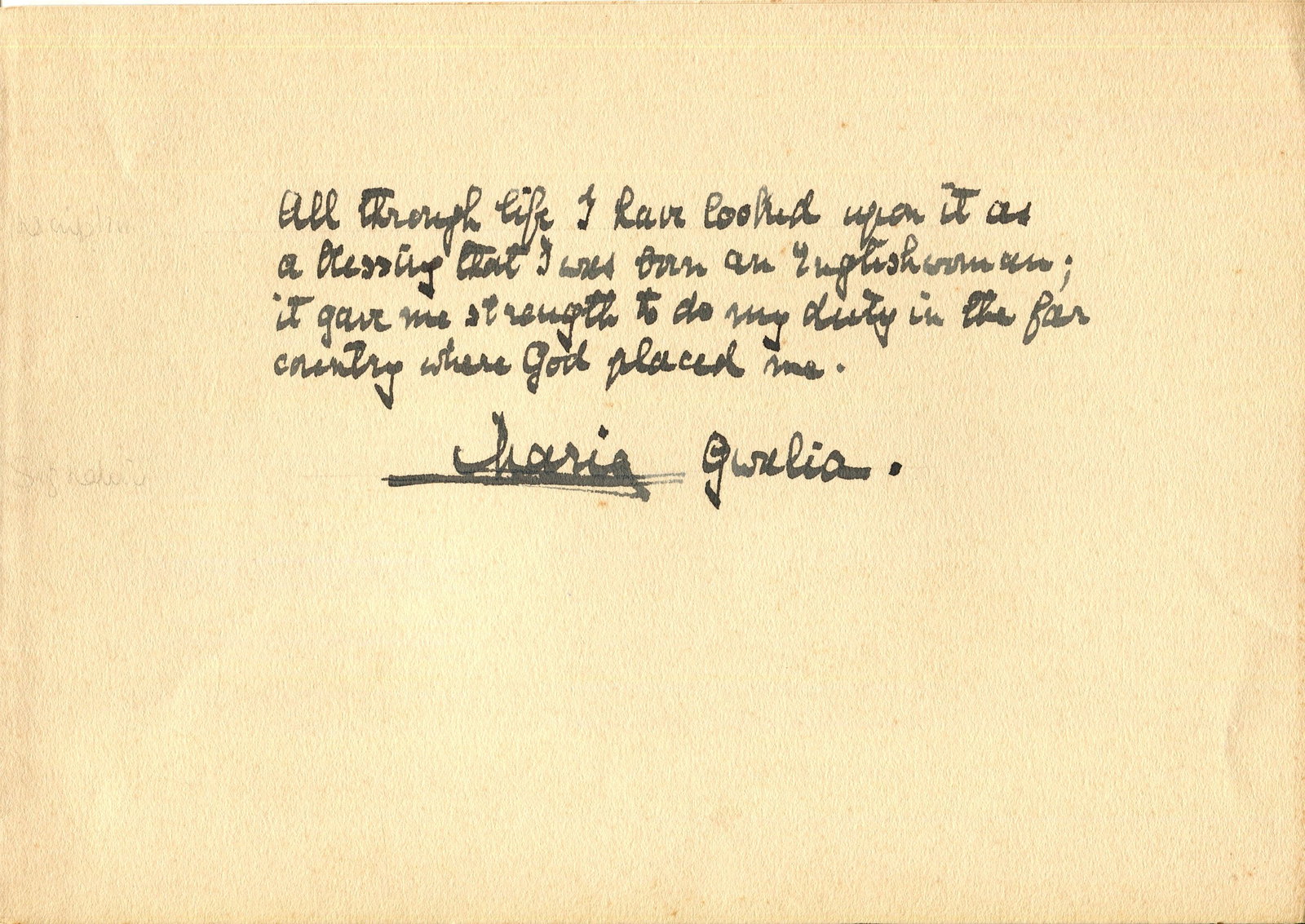 MARIE OF ROMANIA: (1875-1938): MARIE OF ROMANIA: (1875-1938) British Princess who served as the last Queen of Romania (1914-27) as the consort of King Ferdinand I. Autograph statement signed, Marie, one page, oblong 8vo, n.p.,