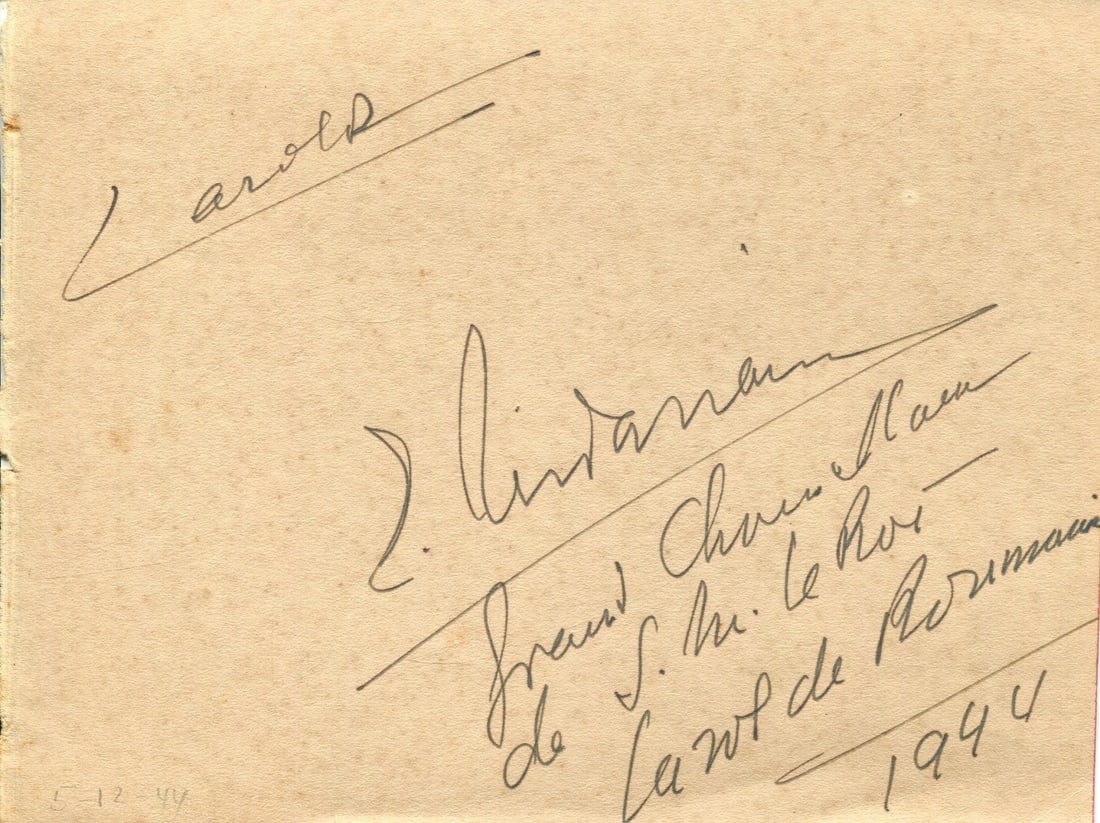 CAROL II: (1893-1953): CAROL II: (1893-1953) King of Romania 1930-40. Fountain pen ink signature (´Carol R´) by the King on a page removed from an autograph album. Also bearing the signature of Ernest Urd?rianu