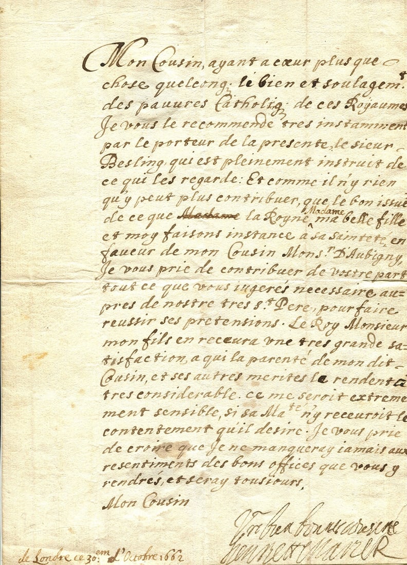 HENRIETTA MARIA: (1609-1669): HENRIETTA MARIA: (1609-1669) French Princess, the Queen of England, Scotland and Ireland (1625-49) by her marriage to King Charles I. L.S., Henriette Marie R, with holograph subscription