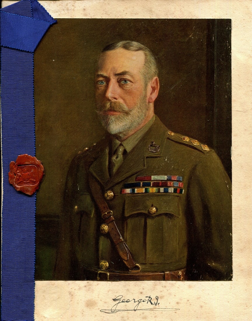 GEORGE V: (1865-1936): GEORGE V: (1865-1936) King of the United Kingdom 1910-36. A 4to stiff card page removed from an album signed (´George R.I.´) in black fountain pen ink by the King at the base, with a colour