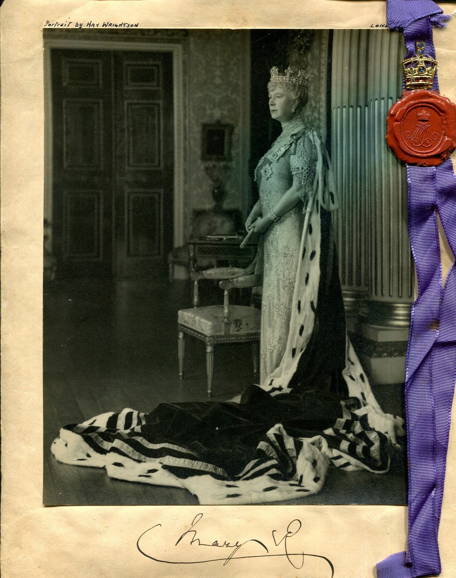 MARY OF TECK: (1867-1953): MARY OF TECK: (1867-1953) Queen Consort of the United Kingdom 1910-36, wife of King George V. Vintage signed 8 x 10 photograph of the Queen standing in a formal full-length pose wearing Queen