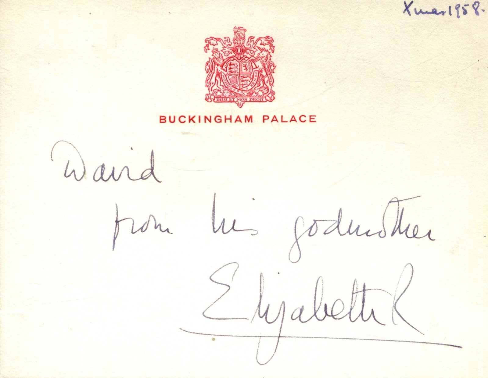 ELIZABETH II: (1926-2022): ELIZABETH II: (1926-2022) Queen of the United Kingdom 1952-2022. A.N.S., Elizabeth R, to the recto of a printed Buckingham Palace correspondence card (evidently originally accompanying a Christmas gif