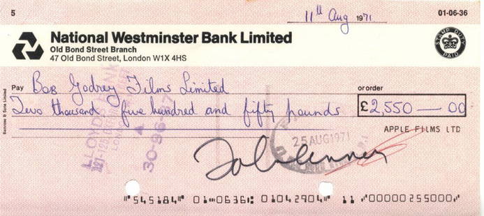 LENNON JOHN: (1940-1980) English Musician, a member of: LENNON JOHN: (1940-1980) English Musician, a member of The Beatles. D.S., John Lennon, being a signed cheque, n.p. (London), 11th August 1971. The partially printed cheque, completed in another hand,