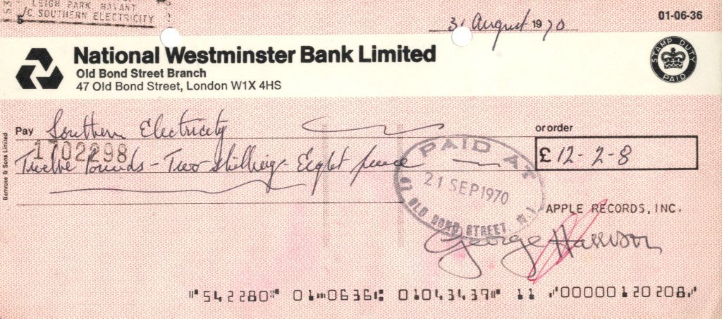 HARRISON GEORGE: (1943-2001) English Guitarist, a: HARRISON GEORGE: (1943-2001) English Guitarist, a member of The Beatles. D.S., George Harrison, being a signed cheque, n.p. (London), 31st August 1970. The partially printed cheque, completed in anoth