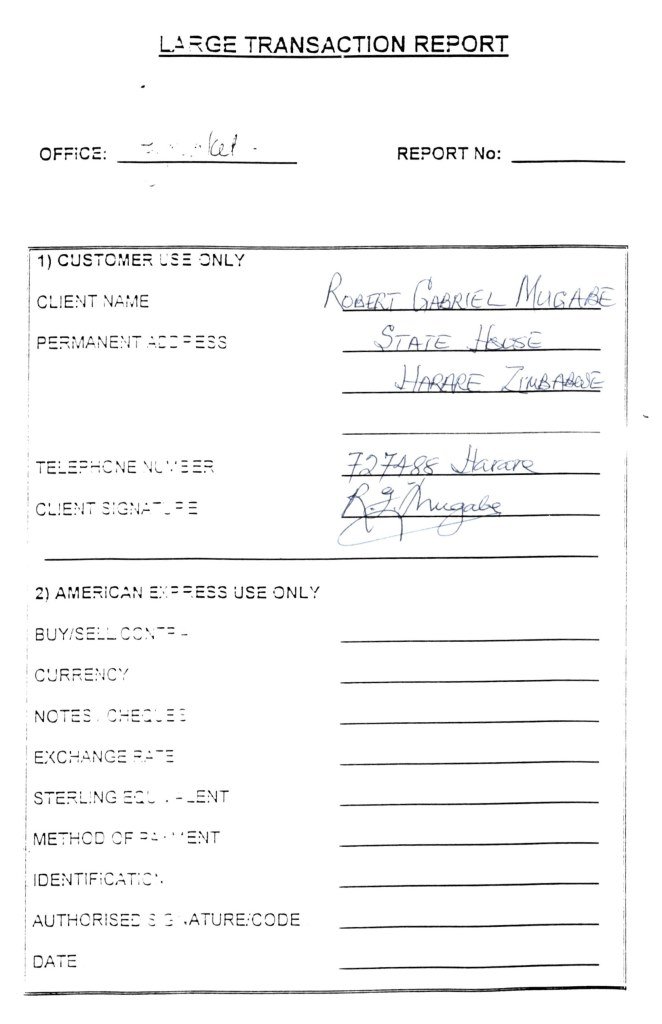 MUGABE ROBERT: (1924- ) President of Zimbabwe 1987-: MUGABE ROBERT: (1924- ) President of Zimbabwe 1987- . An unusual D.S., R G Mugabe, one page, 4to, n.p. (London), n.d. The partially printed document, completed in Mugabe's hand, is an American Express