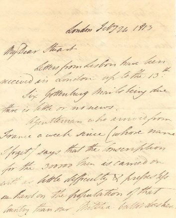 DISBROWE EDWARD C.: (1790-1851) British Politician and: DISBROWE EDWARD C.: (1790-1851) British Politician and Diplomat. An interesting A.L.S., with his initials E C D, five pages, 4to, London, 24th February 1813, to Charles Stuart ('My Dear Stuart'). The