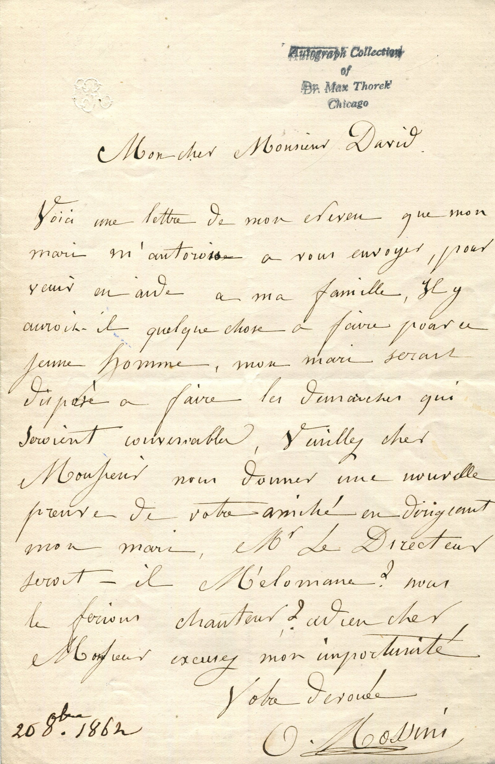 PELISSIER OLYMPE: (1799-1878): PELISSIER OLYMPE: (1799-1878) French courtesan and artists´ model, the second wife of the Italian composer Gioachino Rossini from 1846. A.L.S., O. Rossini, one page, 8vo, n.p., 20th October 1862,