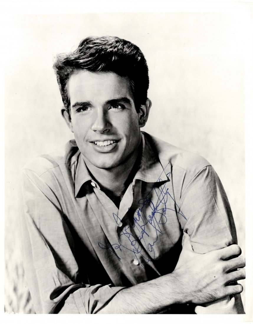 BEATTY WARREN: (1937- ) American Actor, Academy Awa: BEATTY WARREN: (1937- ) American Actor, Academy Award winner. Vintage signed and inscribed 8 x 10 photograph, an early half length study of the actor. Signed in blue fountain pen ink across a light ar