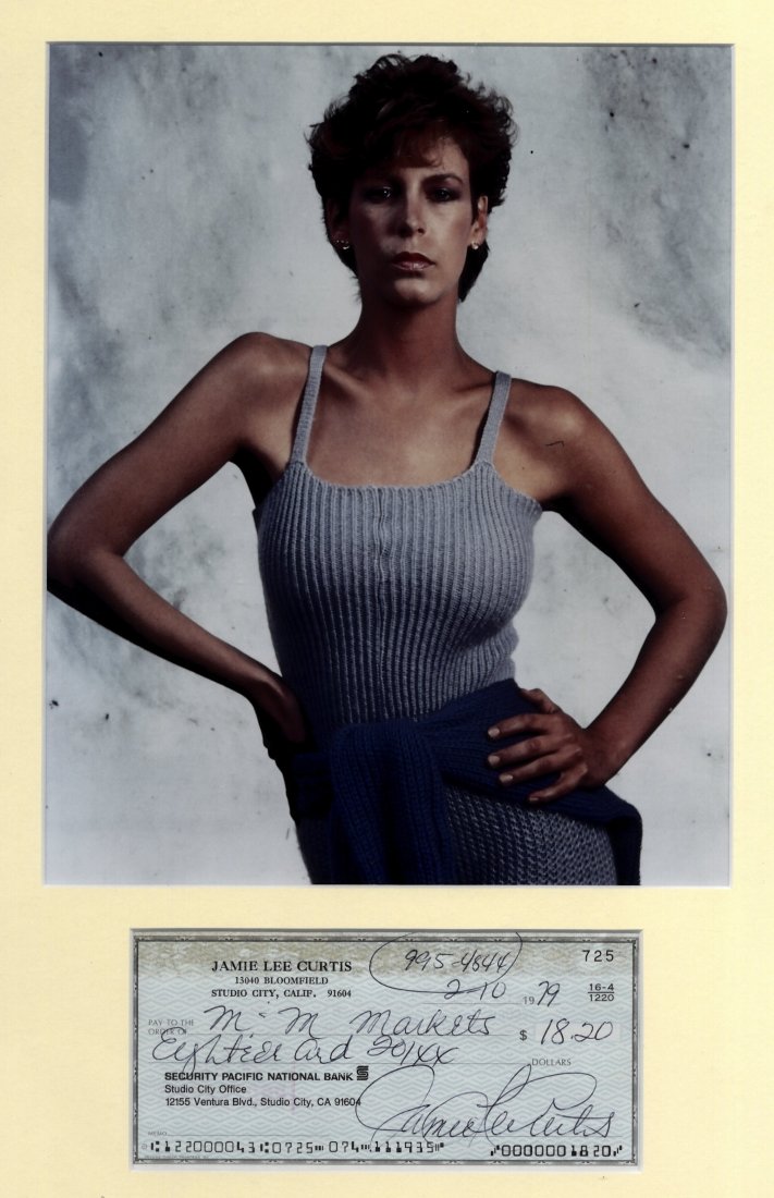 ENTERTAINMENT: Small selection of individual Ds.S. by v: ENTERTAINMENT: Small selection of individual Ds.S. by various film stars, each being signed cheques, comprising Jamie Lee Curtis, Gregory Peck, Sharon Stone, George Clooney and Adrienne Barbeau. Two o