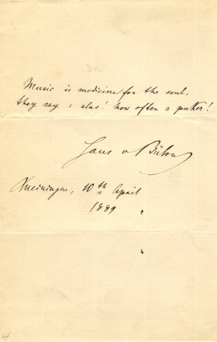 BULOW HANS VON: (1830-1894) German Conductor, Pianist: BULOW HANS VON: (1830-1894) German Conductor, Pianist and Composer. Husband of Franz Liszt's daughter Cosima, who later left him for Richard Wagner. A.Q.S., Hans v Bulow, one page, 8vo, Meiningen, 10t