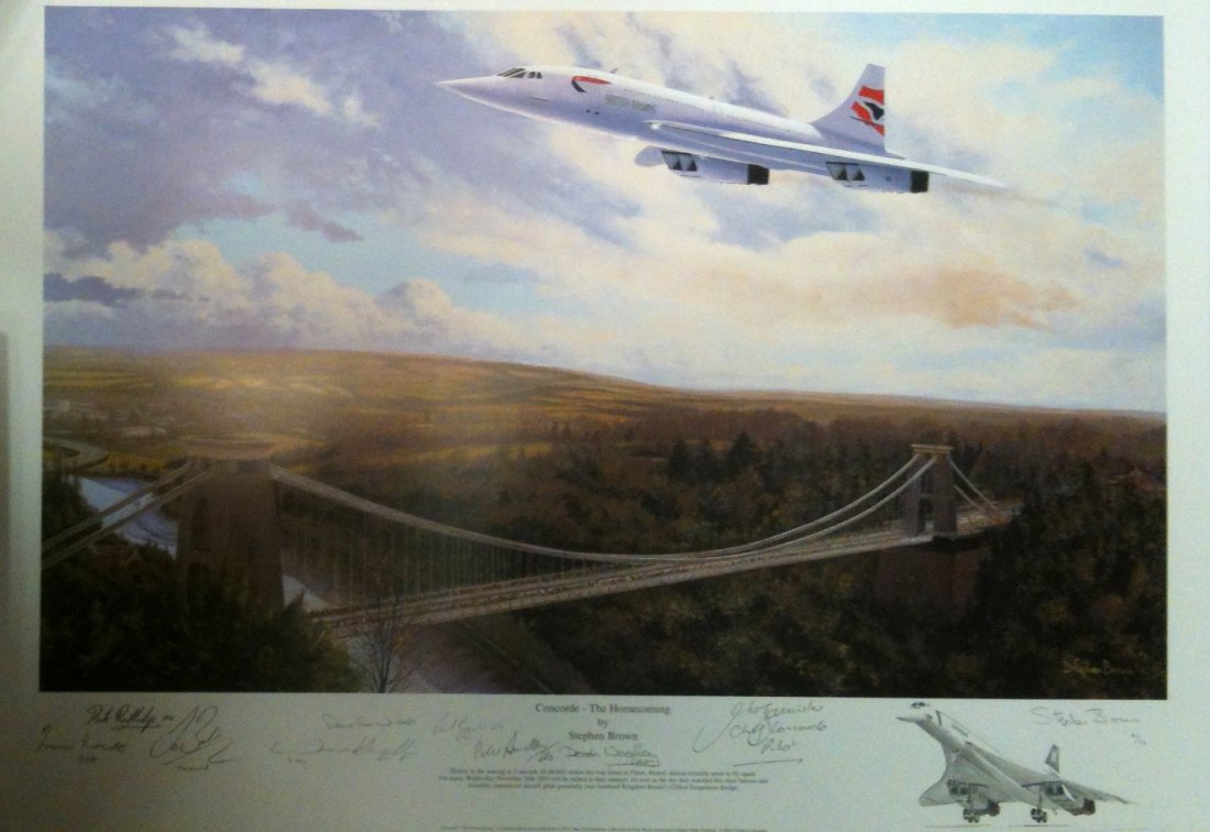 CONCORDE: Miscellaneous selection of signed colour: CONCORDE: Miscellaneous selection of signed colour prints and photographs etc., all relating to Concorde comprising Concorde - The Homecoming by Stephen Brown (Limited Edition number 4 of 50 signed by
