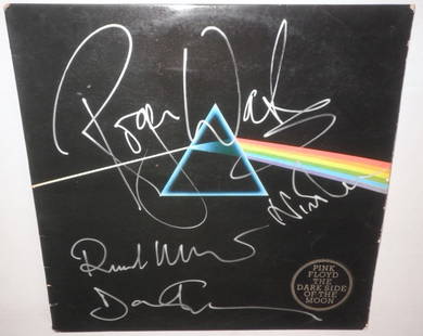 PINK FLOYD: Signed album record sleeve for The Dark: PINK FLOYD: Signed album record sleeve for The Dark Side of the Moon (1973) by all four members of the English Rock band individually, Roger Waters, Nick Mason, David Gilmour and Richard Wright. Signe