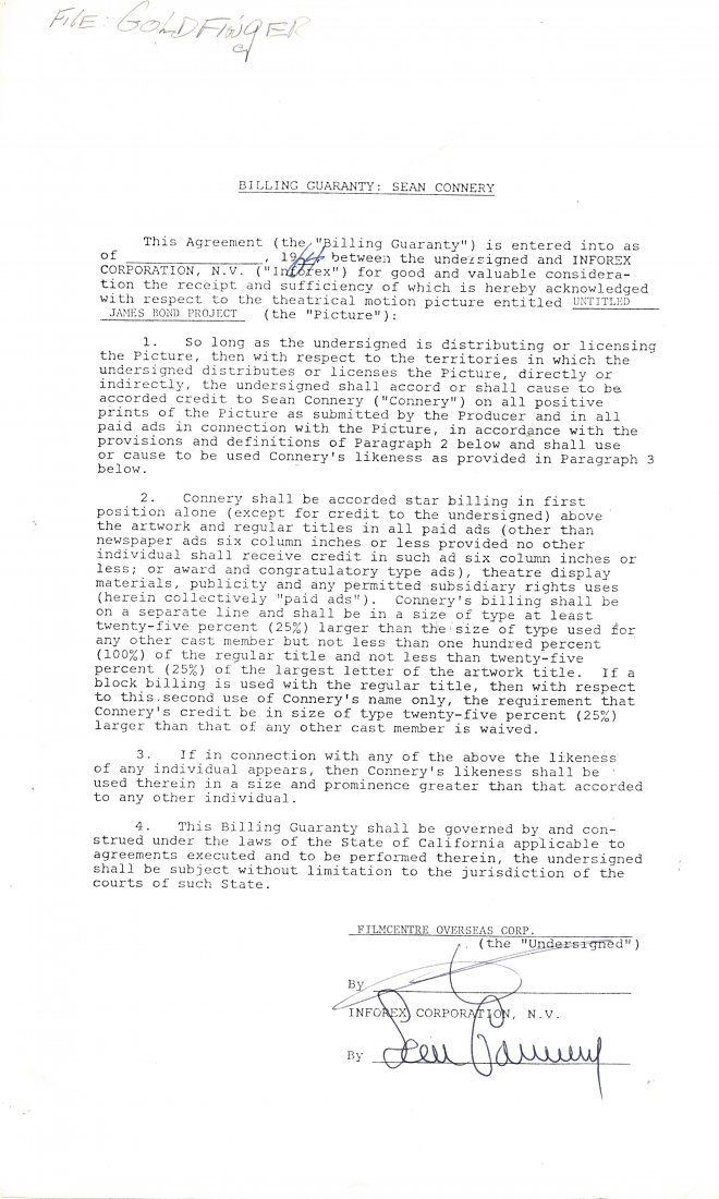CONNERY SEAN: (1930- ) Scottish Actor, famous for: CONNERY SEAN: (1930- ) Scottish Actor, famous for his portrayal of James Bond. Academy Award winner. An important D.S., Sean Connery, one page, folio, n.p. (California?), 1964. The typed document is a