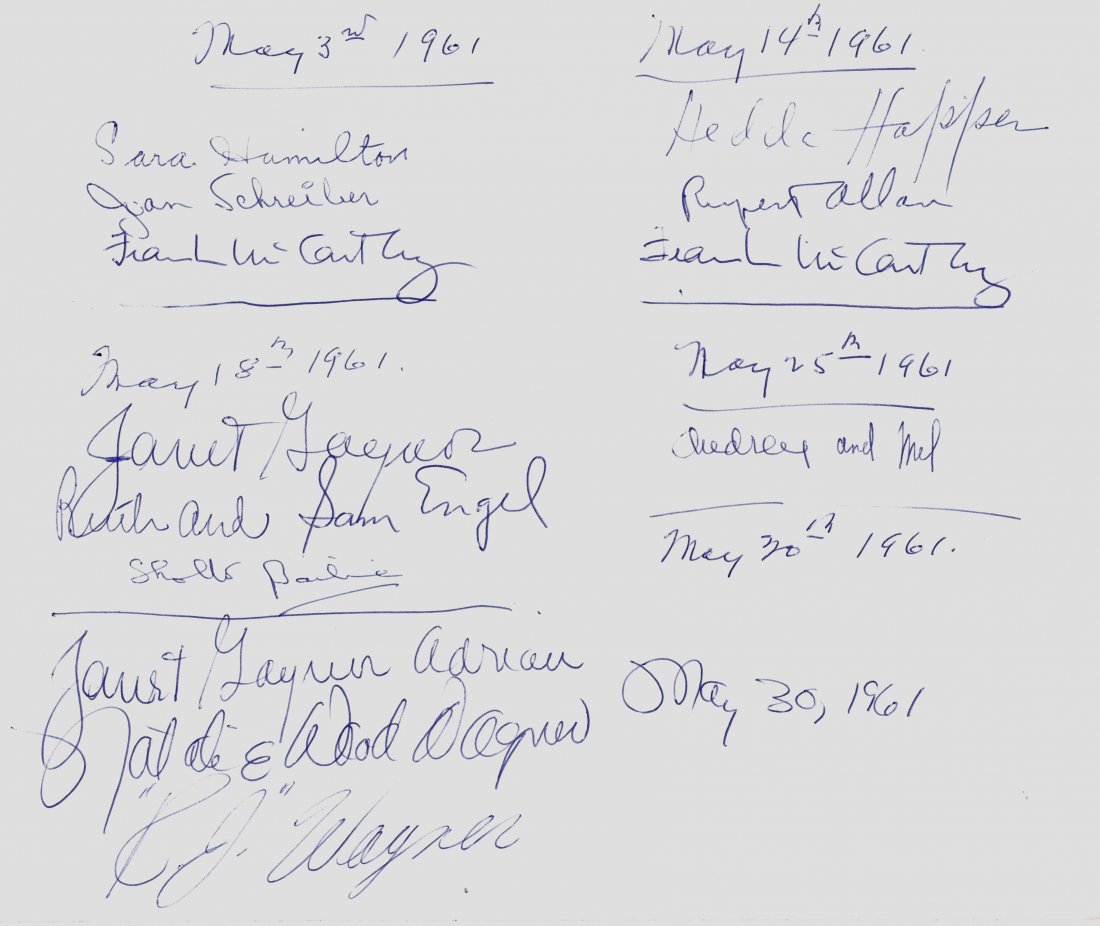 CINEMA: Three oblong folio pages removed from a: CINEMA: Three oblong folio pages removed from a Visitor's book, the first headed 'For Whitney Warren', dated 19th February 1958, and individually signed by twelve film stars etc., including Robert Mit