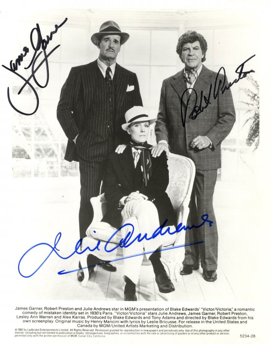 VICTOR/VICTORIA: Signed 8 x 10 photograph by Julie: VICTOR/VICTORIA: Signed 8 x 10 photograph by Julie Andrews (Victoria Grant/Count Victor Grazinski), James Garner (King Marchand) and Robert Preston (Carroll 'Toddy' Todd) individually, the image showi