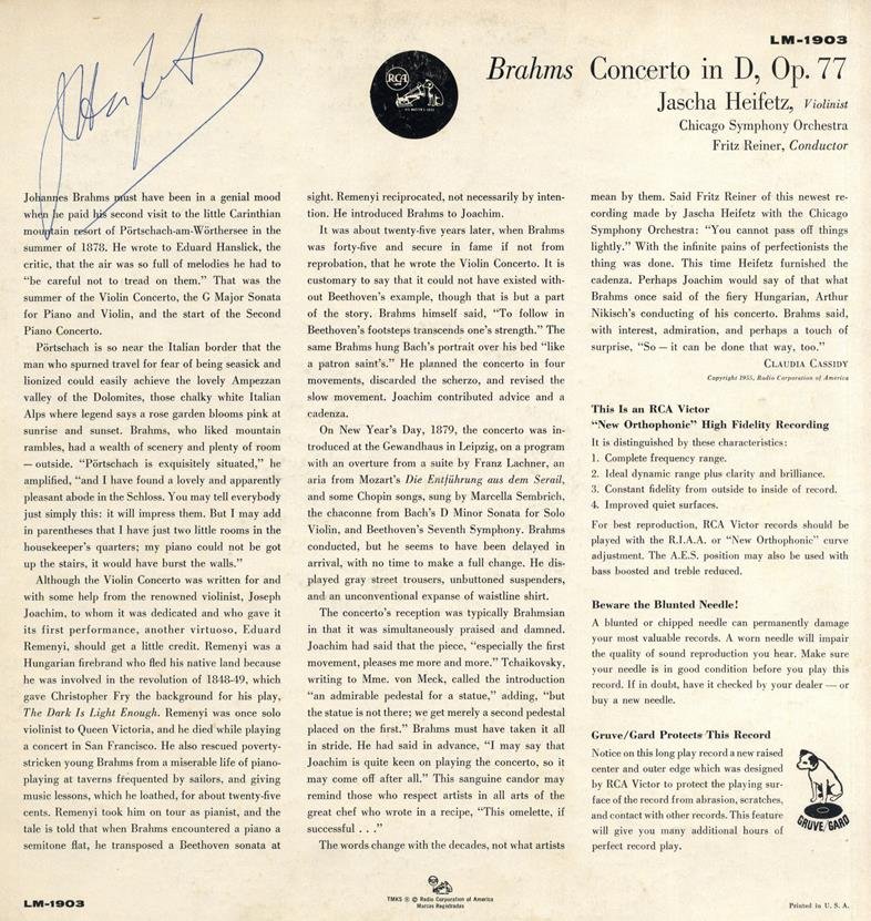 HEIFETZ JASCHA: (1901-1987) Russian-born American: HEIFETZ JASCHA: (1901-1987) Russian-born American Violinist. Signed LP record sleeve, being a recording of a Violin Concerto (Op.77) by Johannes Brahms by Heifetz and the Chicago Symphony Orchestra, c