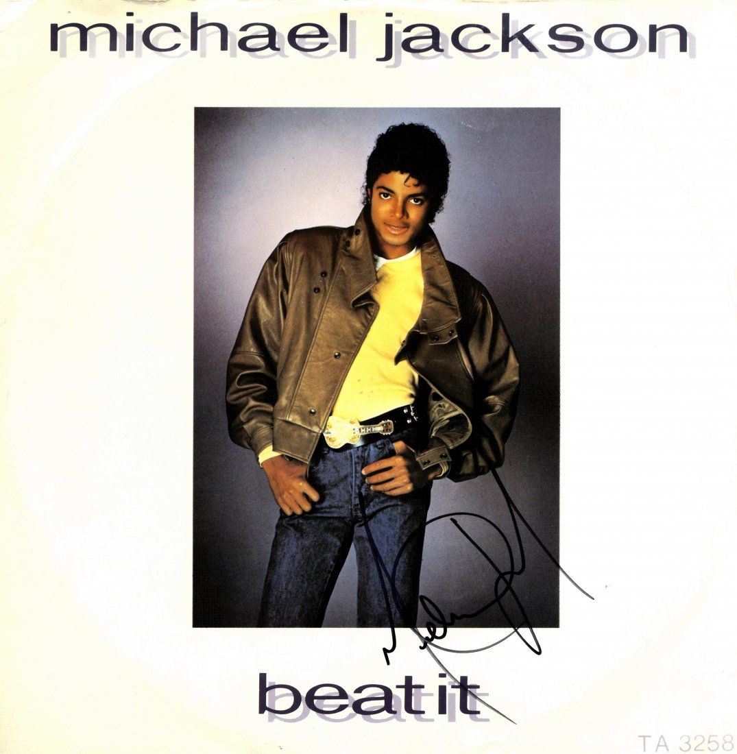 JACKSON MICHAEL: (1958-2009) American Pop Singer.: JACKSON MICHAEL: (1958-2009) American Pop Singer. Signed 12" record sleeve for the song Beat It (1982), taken from the album Thriller, signed by Jackson in bold black ink with his name alone to the fr