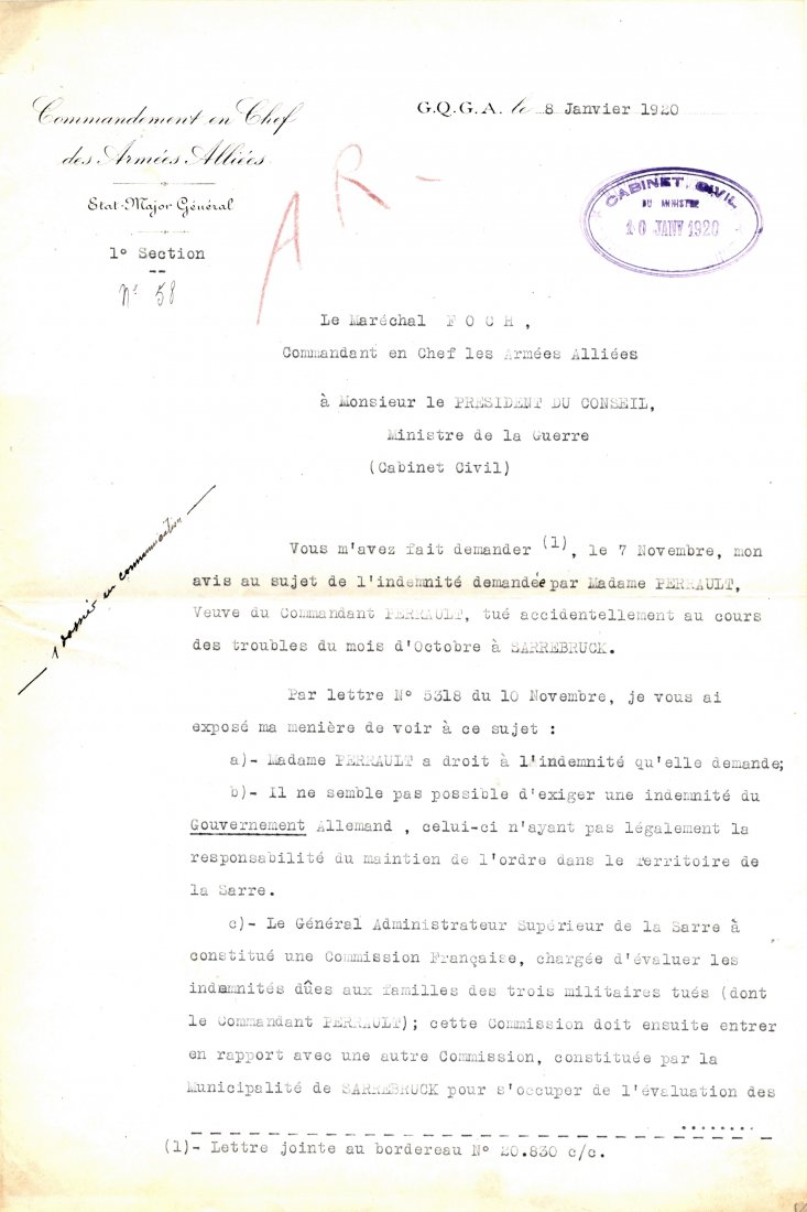FOCH FERDINAND: (1851-1929) French Marshal of World War: FOCH FERDINAND: (1851-1929) French Marshal of World War I. T.L.S., F. Foch, four pages, folio, G.Q.G.A., 8th January 1920, to The President of the Council, Minister of War, on the printed stationery o
