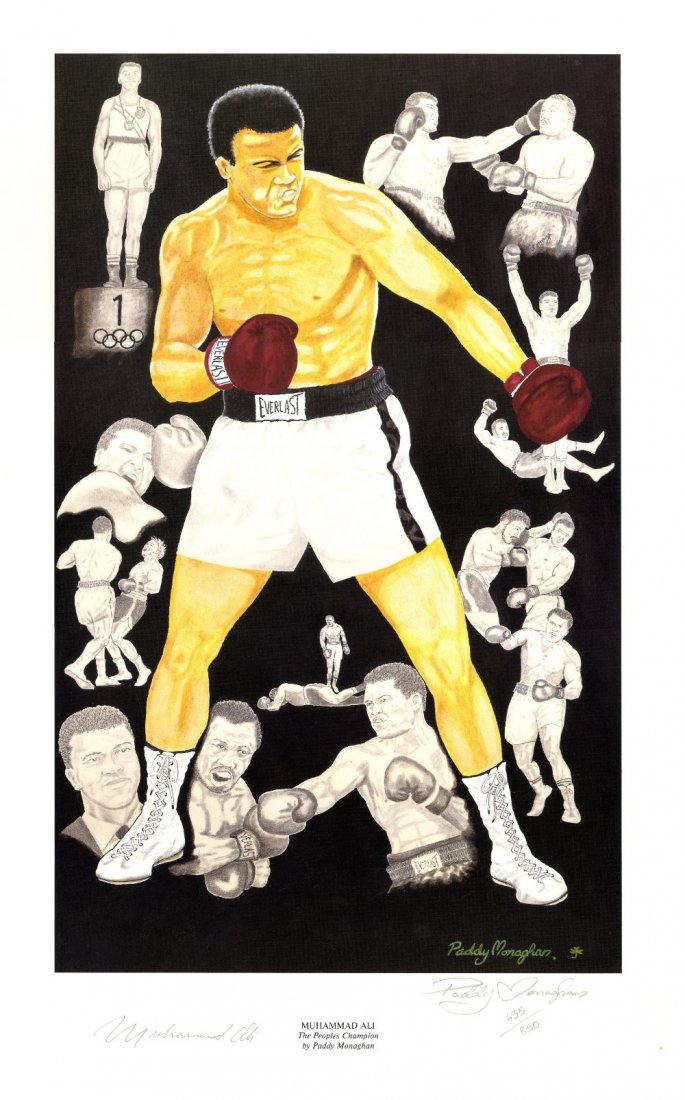 ALI MUHAMMAD: (1942- ) American Boxer, World: ALI MUHAMMAD: (1942- ) American Boxer, World Heavyweight Champion. A colour 15 x 23 print by artist Paddy Monaghan entitled Muhammad Ali - The People's Champion, the image depicting Ali standing in a 