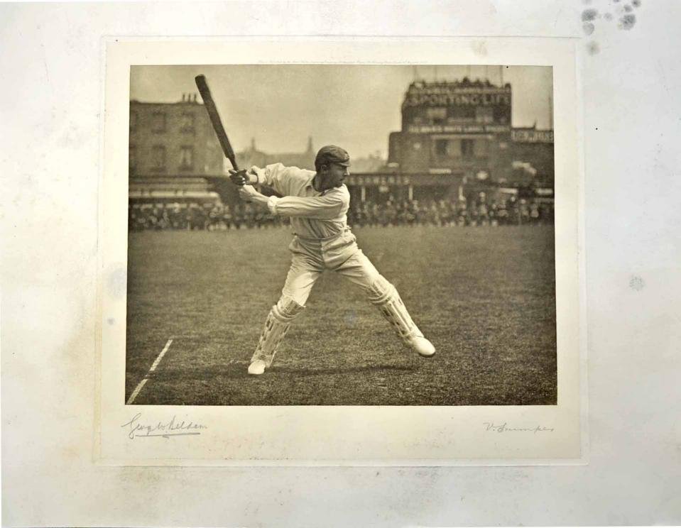 TRUMPER VICTOR: (1877-1915) Australian Cricketer. A: TRUMPER VICTOR: (1877-1915) Australian Cricketer. A good, large vintage signed 25 x 18.5 photogravure, the classic image depicting Trumper in a full length action pose, mid-shot. Photograph by George