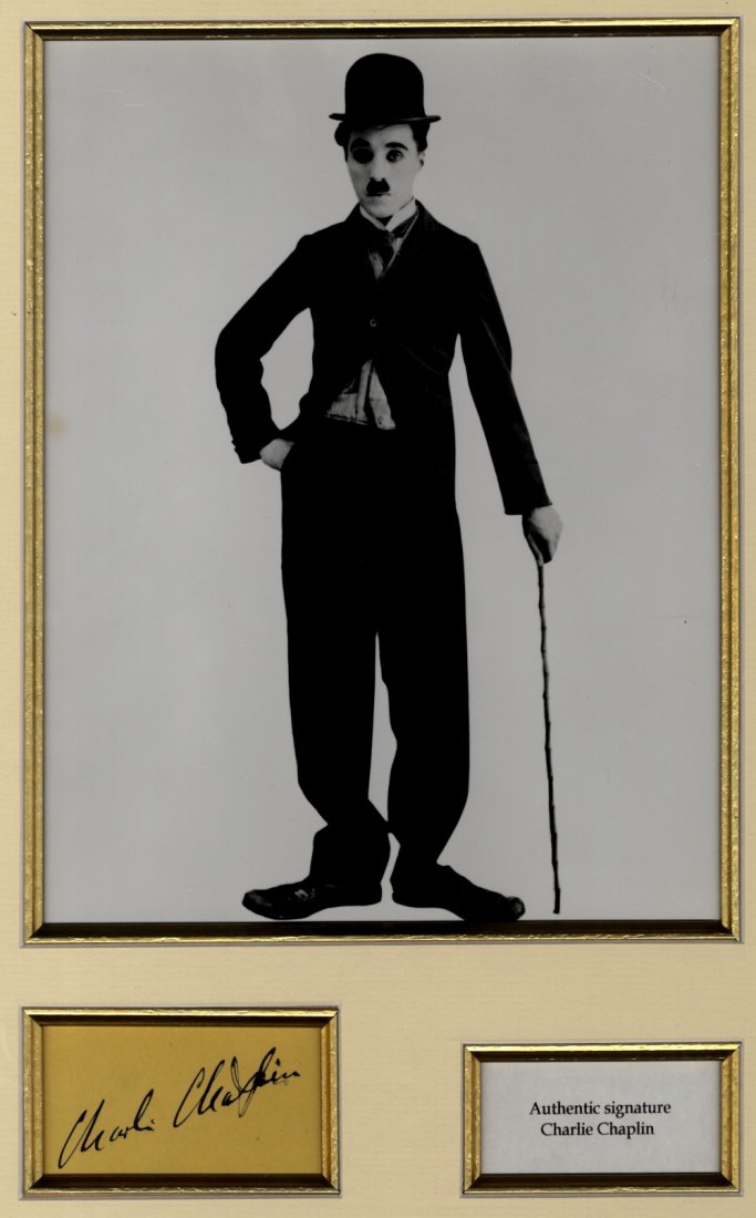 CHAPLIN CHARLES: (1889-1977) English Film Comedian,: CHAPLIN CHARLES: (1889-1977) English Film Comedian, Academy Award winner. Bold, dark fountain pen ink signature ('Charlie Chaplin') on a small page removed from an autograph album. Matted in cream wit