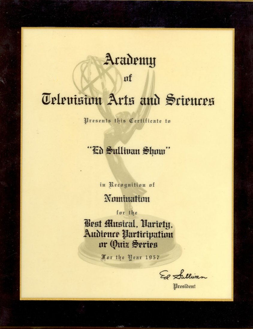 [SULLIVAN ED]: (1901-1974) American Television Host. An: [SULLIVAN ED]: (1901-1974) American Television Host. An original Academy of Television Arts and Sciences certificate presented to the Ed Sullivan Show in recognition of Nomination for the Best Musical