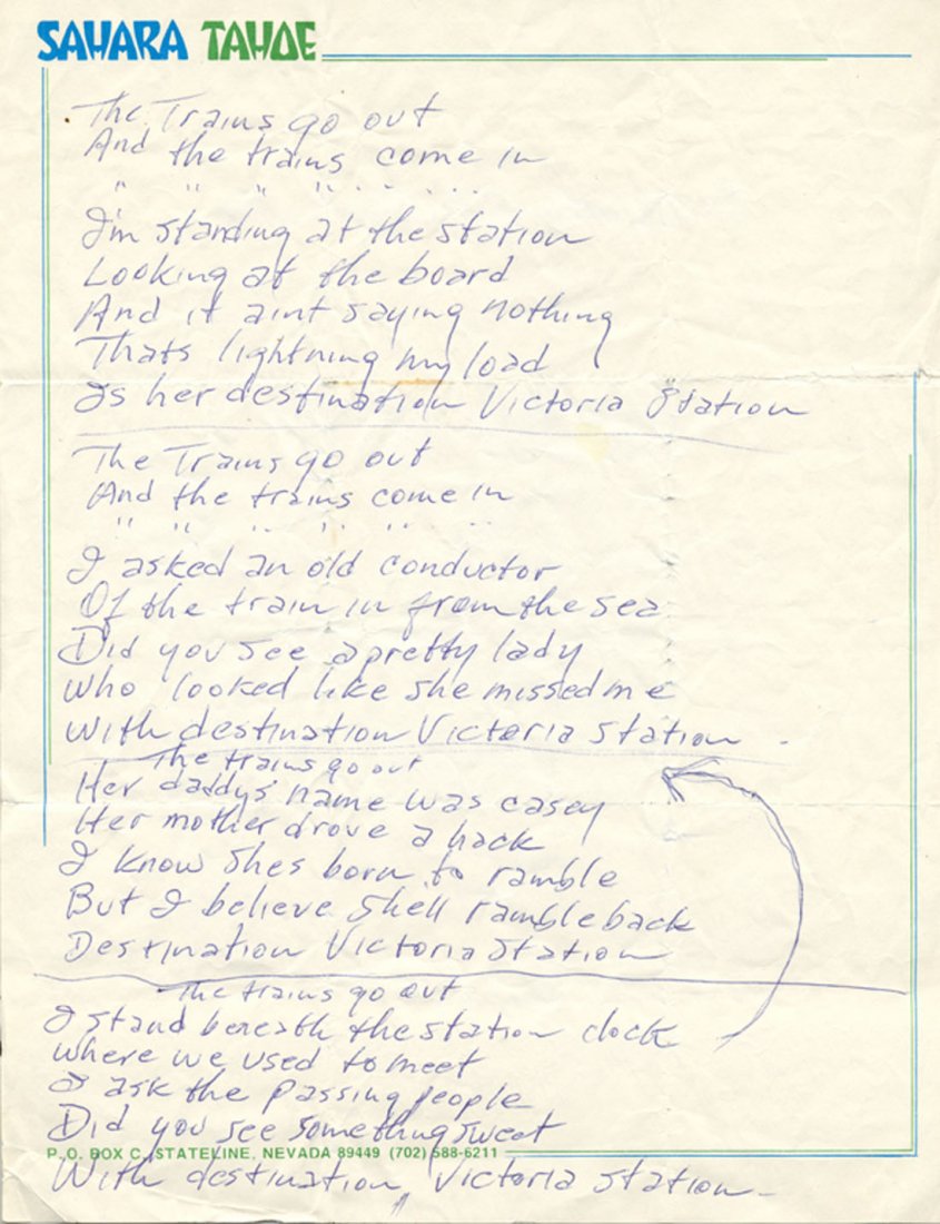 CASH JOHNNY: (1932-2003) American Singer & Songwriter.: CASH JOHNNY: (1932-2003) American Singer & Songwriter. A good set of handwritten lyrics by Cash, unsigned, one page, 4to, n.p. (Nevada?), n.d. On the printed stationery of the Sahara Tahoe hotel and c