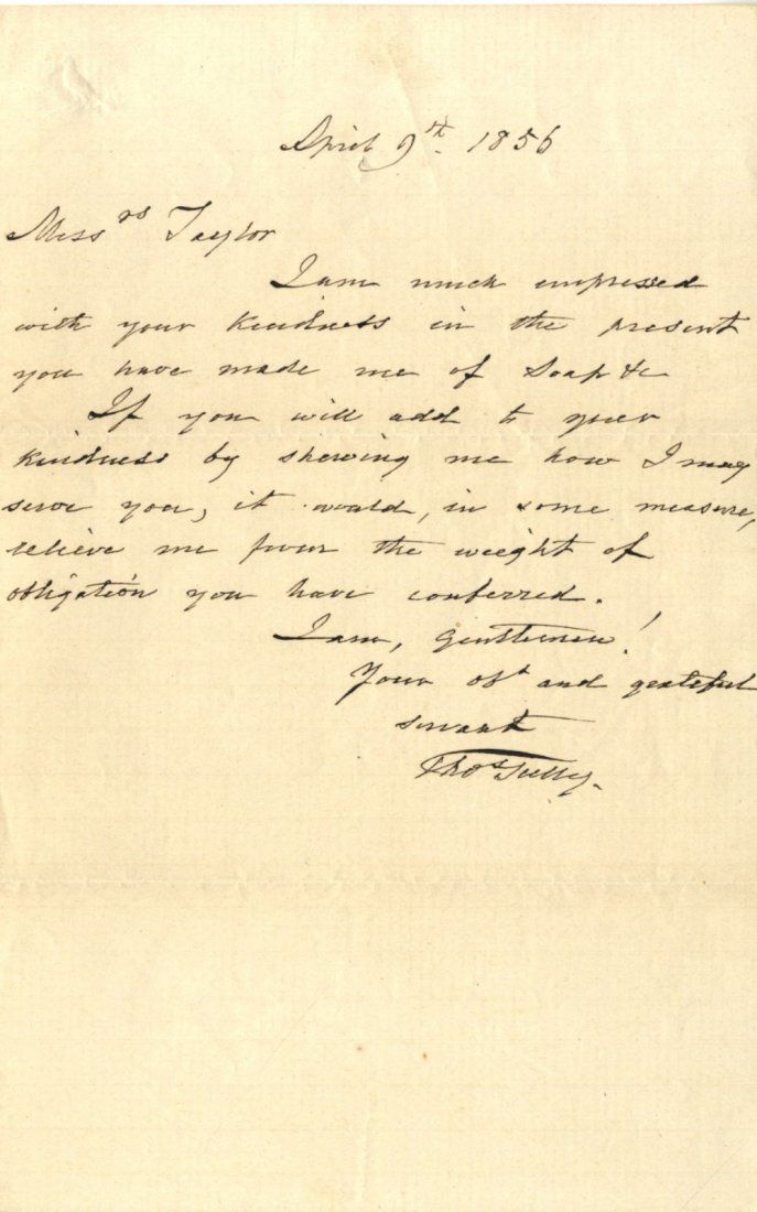 SULLY THOMAS: (1783-1872) British-born American: SULLY THOMAS: (1783-1872) British-born American Portrait Painter whose subjects included Thomas Jefferson, John Quincy Adams and the Marquis de Lafayette. A.L.S., Thos. Sully, one page, 8vo, n.p., 9th