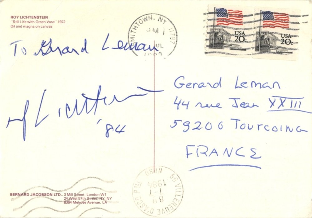 LICHTENSTEIN ROY: (1923-1997) American Pop Artist. Blue: LICHTENSTEIN ROY: (1923-1997) American Pop Artist. Blue ink signature, inscription and date, 1984, in his hand, to the verso of a colour 4 x 6 postcard reproduction of the artist's work entitled Still