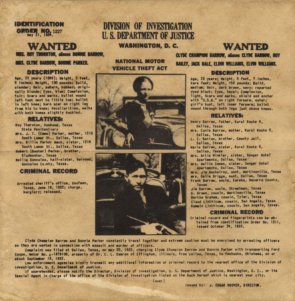 [PARKER BONNIE] (1910-1934) & [BARROW CLYDE]: [PARKER BONNIE] (1910-1934) & [BARROW CLYDE] (1909-1934) American Outlaws and Criminals. An original printed small 4to Wanted poster (in the form of a folding mailshot) issued by J. Edgar Hoover and t