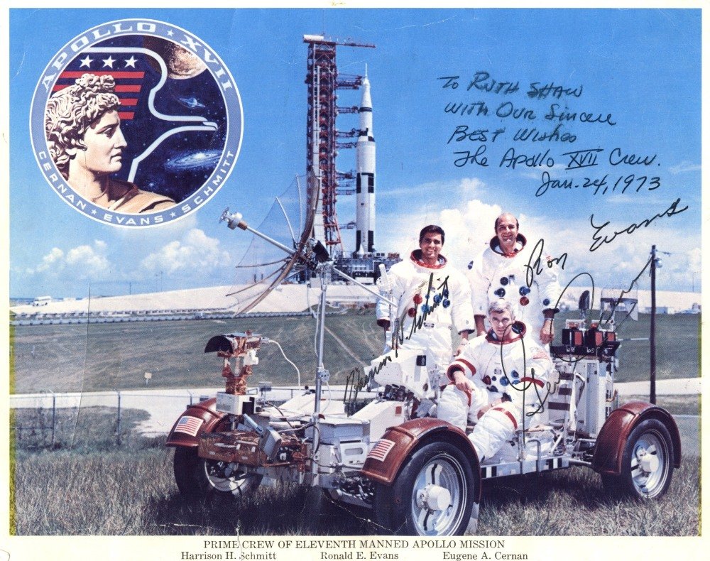 APOLLO XVII: Signed and inscribed colour 10 x 8: APOLLO XVII: Signed and inscribed colour 10 x 8 photograph by the three crew members of Apollo XVII individually, comprising Gene Cernan (1934- , Commander, the eleventh man to walk on the moon), Ron 