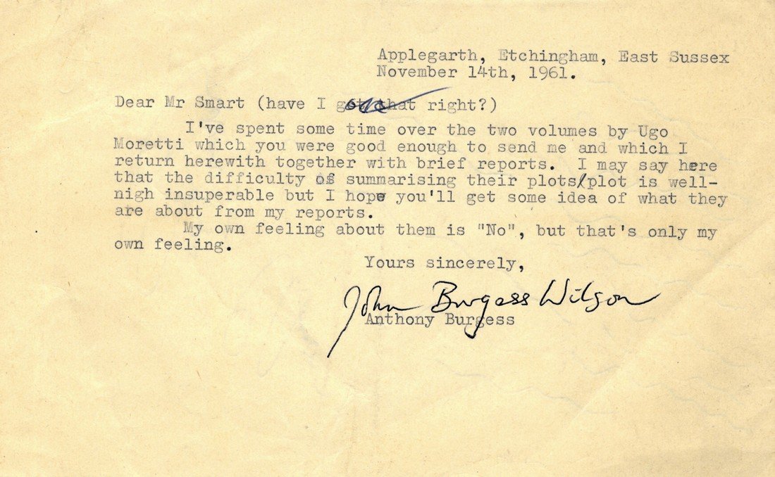 BURGESS ANTHONY: (1917-1993) British Novelist of A: BURGESS ANTHONY: (1917-1993) British Novelist of A Clockwork Orange (1962). T.L.S., John Burgess Wilson, (his real name, and a scarce form of his signature), one page, oblong 8vo, Etchingham, East Sus
