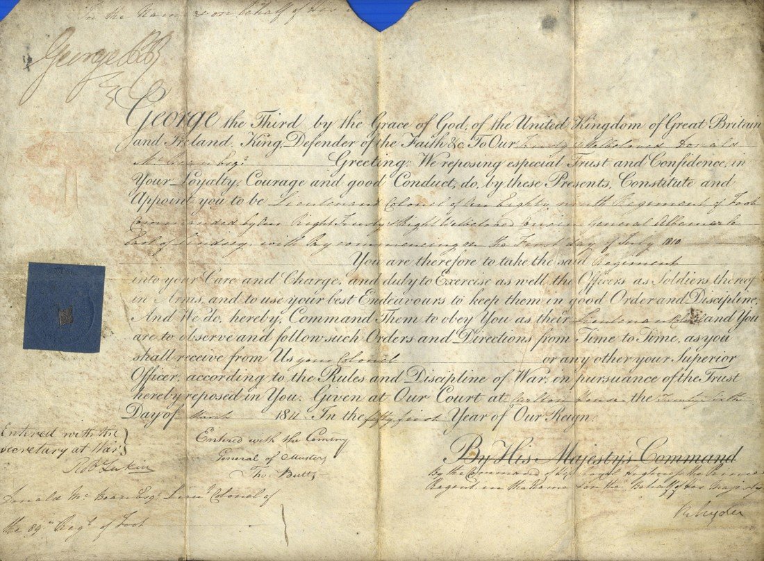 GEORGE IV: (1762-1830) King of the United Kingdom: GEORGE IV: (1762-1830) King of the United Kingdom 1820-30. D.S., George PR, as Prince Regent, on behalf of King George III, at the head, one page (vellum), oblong folio, Court at Carlton House, 26th M