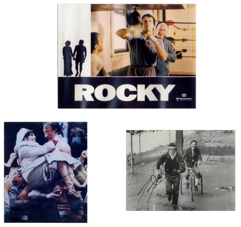 ROCKY: Signed colour 8 x 10 photograph by both: ROCKY: Signed colour 8 x 10 photograph by both Sylvester Stallone (Rocky Balboa) and Talia Shire (Adrian Balboa) individually, the image depicting them in full length poses together celebrating after 