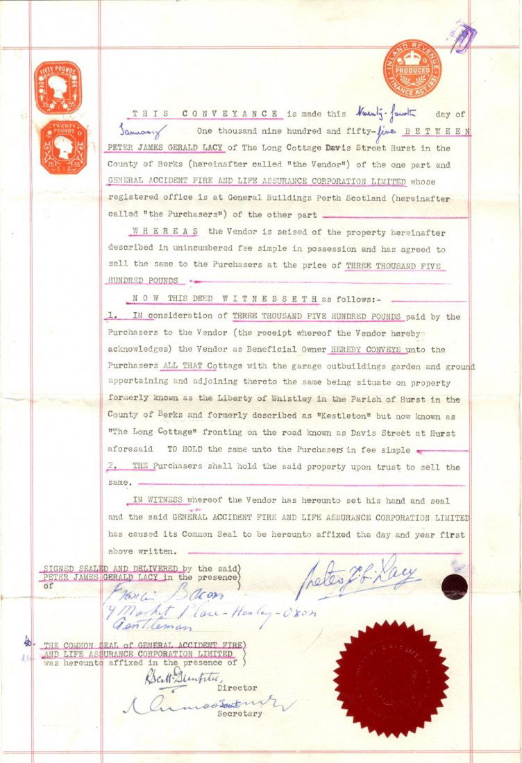 BACON FRANCIS: (1909-1992) Irish Painter. D.S., Francis: BACON FRANCIS: (1909-1992) Irish Painter. D.S., Francis Bacon, in his capacity as a witness, one page, folio, n.p., 24th January 1955. The typed document is a conveyance deed made between Peter James