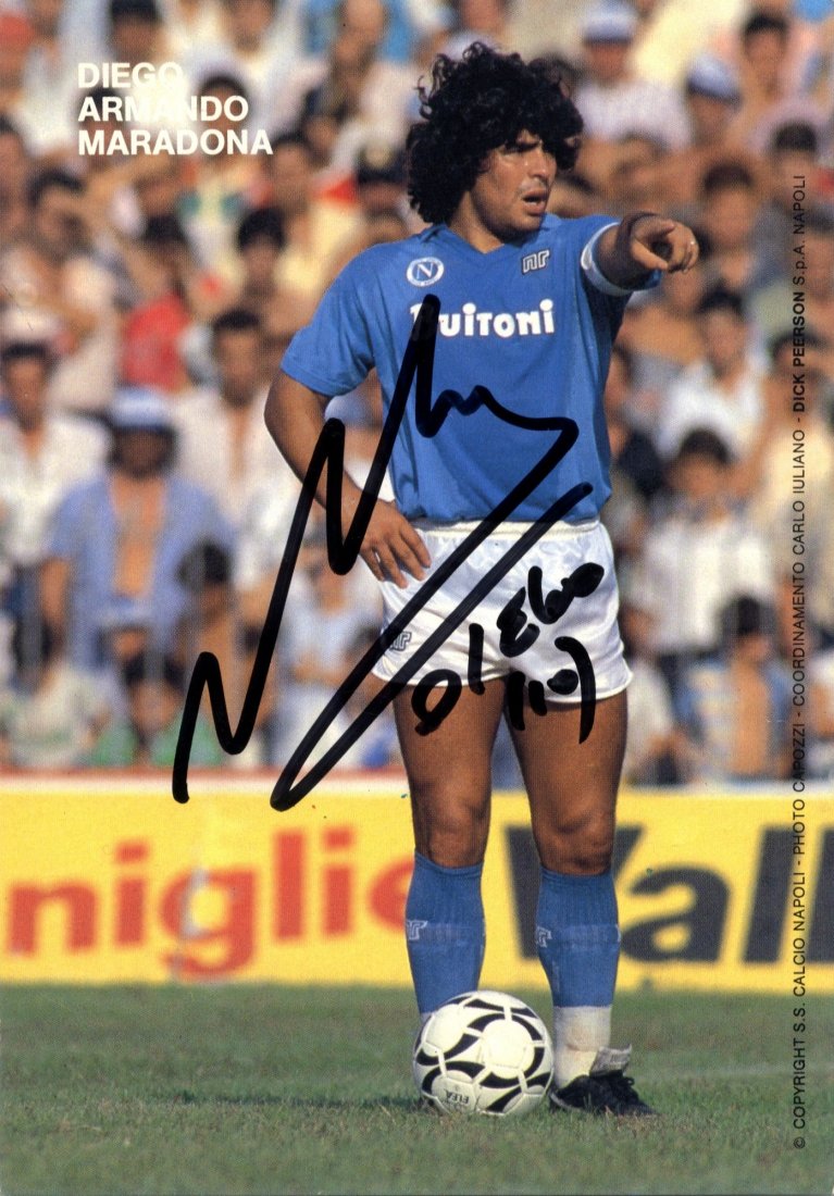 MARADONA DIEGO: (1960- ) Argentinean Footballer. Signed: MARADONA DIEGO: (1960- ) Argentinean Footballer. Signed colour 4.5 x 6.5 photograph of Maradona standing in a full length pose on a football pitch, wearing his blue and white S. S. C. Napoli kit, and 