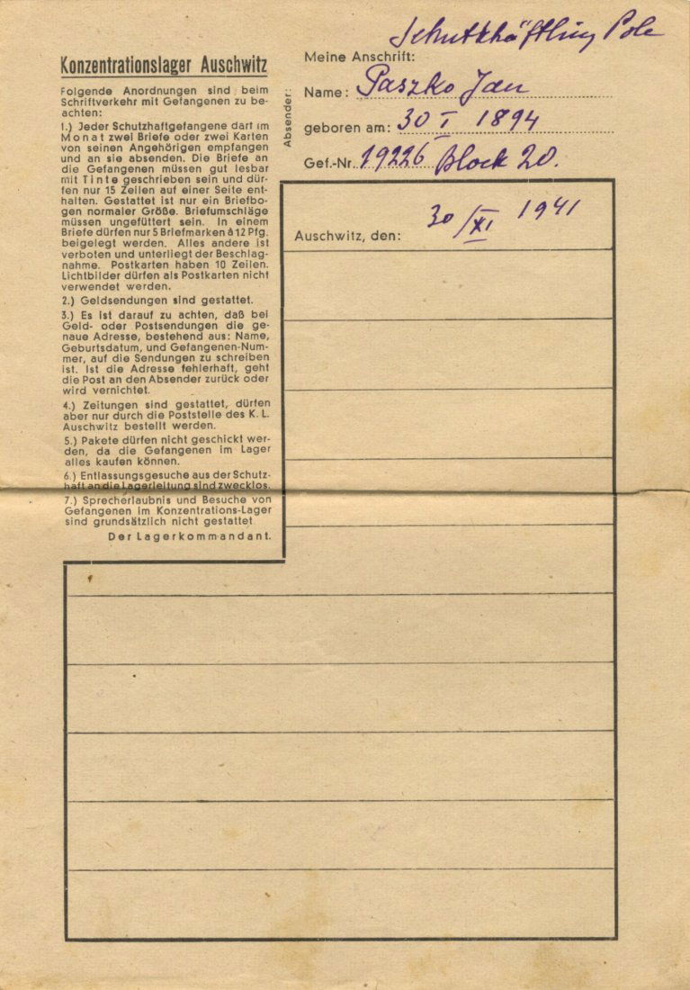 AUSCHWITZ: An A.L.S. by Jan Paszko, a Prisoner of War, (1 of 2)