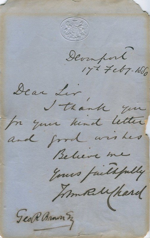 CHARD JOHN: (1847-1897) British Colonel, Victoria Cross: CHARD JOHN: (1847-1897) British Colonel, Victoria Cross winner for his actions during the defence of Rorke's Drift in Zululand, 22nd/23rd January 1879. Rare A.L.S., John R M Chard, one page, 8vo, Devo