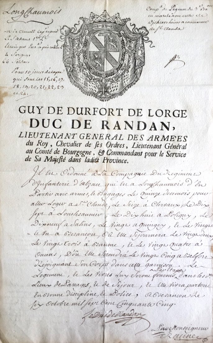 MARSHALS OF FRANCE: Two attractive Ls.S., by two French: MARSHALS OF FRANCE: Two attractive Ls.S., by two French Marshals of the former period before revolution, being Guy Michel de Durfort (1704-1773) Duke of Randan, Marshal of France. L.S., The Duke of Ra