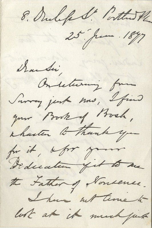 Lear describes himself as 'the Father of Nonsense': Lear describes himself as 'the Father of Nonsense' LEAR EDWARD: (1812-1888) English Artist, Illustrator and Poet. A good A.L.S., Edward Lear, two pages, 8vo, Duchess Street, Portland Place, 25th June
