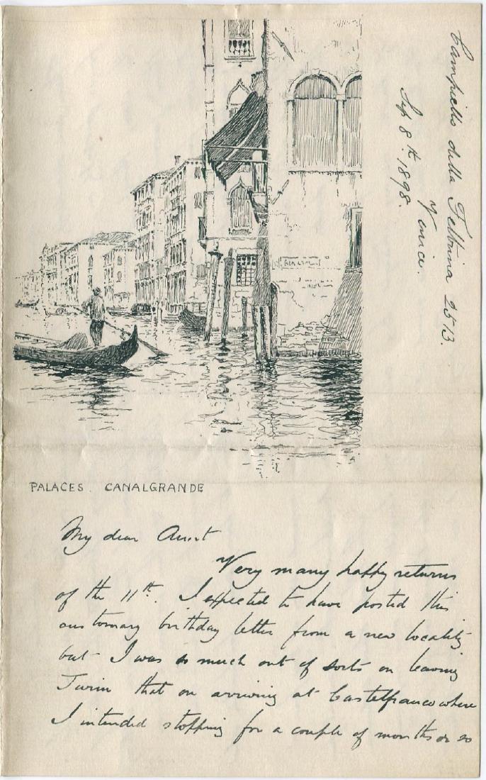[VENICE] RANDAL FRANK: (1852-1917) British Artist,: [VENICE] RANDAL FRANK: (1852-1917) British Artist, protégé of Ruskin. A.L.S., Frank, four pages, 8vo, Venice, 8th September 1898, to his Aunt. Randall wishes his aunt many happy returns then further