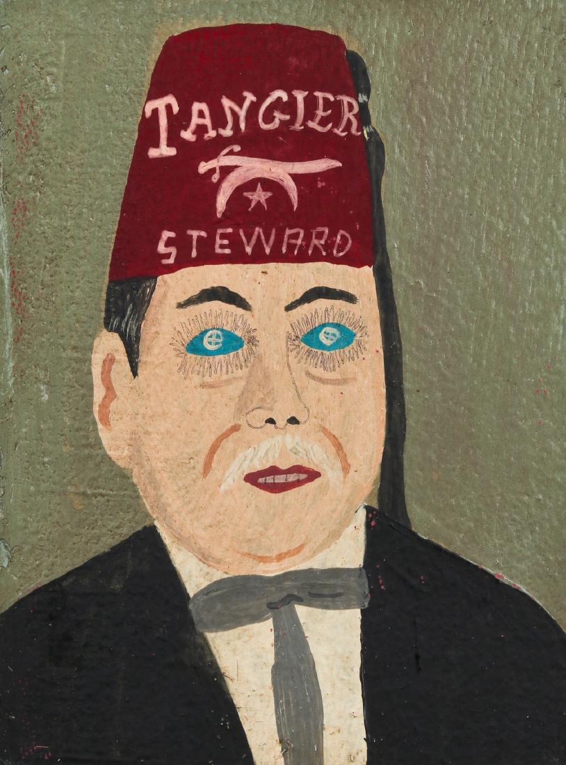 Javier Mayoral (American, 20th c.): Javier Mayoral (American, 20th c.) Portrait of a Tangier Shriner (Omaha, Nebraska), painting on plywood, signed. Size: 7.5'' x 5.5'', 19 x 14 cm (board). Jonathan Demme Collection.