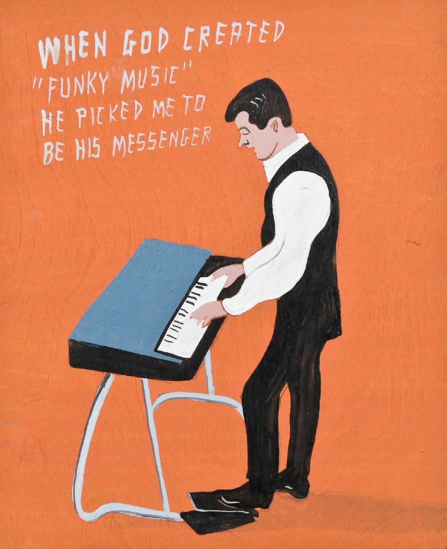 Javier Mayoral (American, 20th c.) When God Created: Javier Mayoral (American, 20th c.) "When God Created "Funky Music" He Picked Me Up to Be His Messenger", painting on plywood, signed. Size: 9.5'' x 8'', 24 x 20 cm (board). Jonathan Demme Collection.