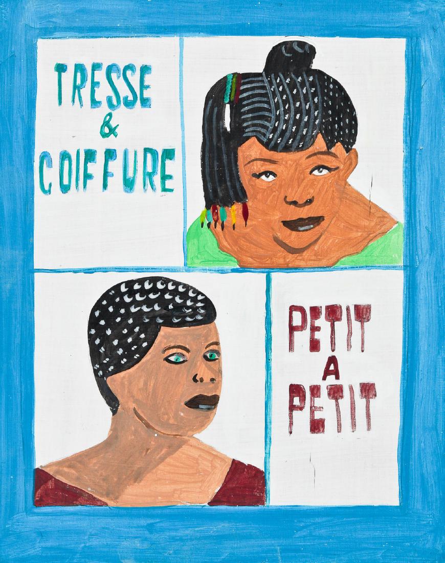 Javier Mayoral (American, 20th c.) "Tresse & Coiffure /: Javier Mayoral (American, 20th c.) "Tresse & Coiffure / Petit A Petit" (in the style of African signs), painting on plywood, signed. Size: 10.25'' x 8'', 26 x 20 cm (board). Jonathan Demme Collection.