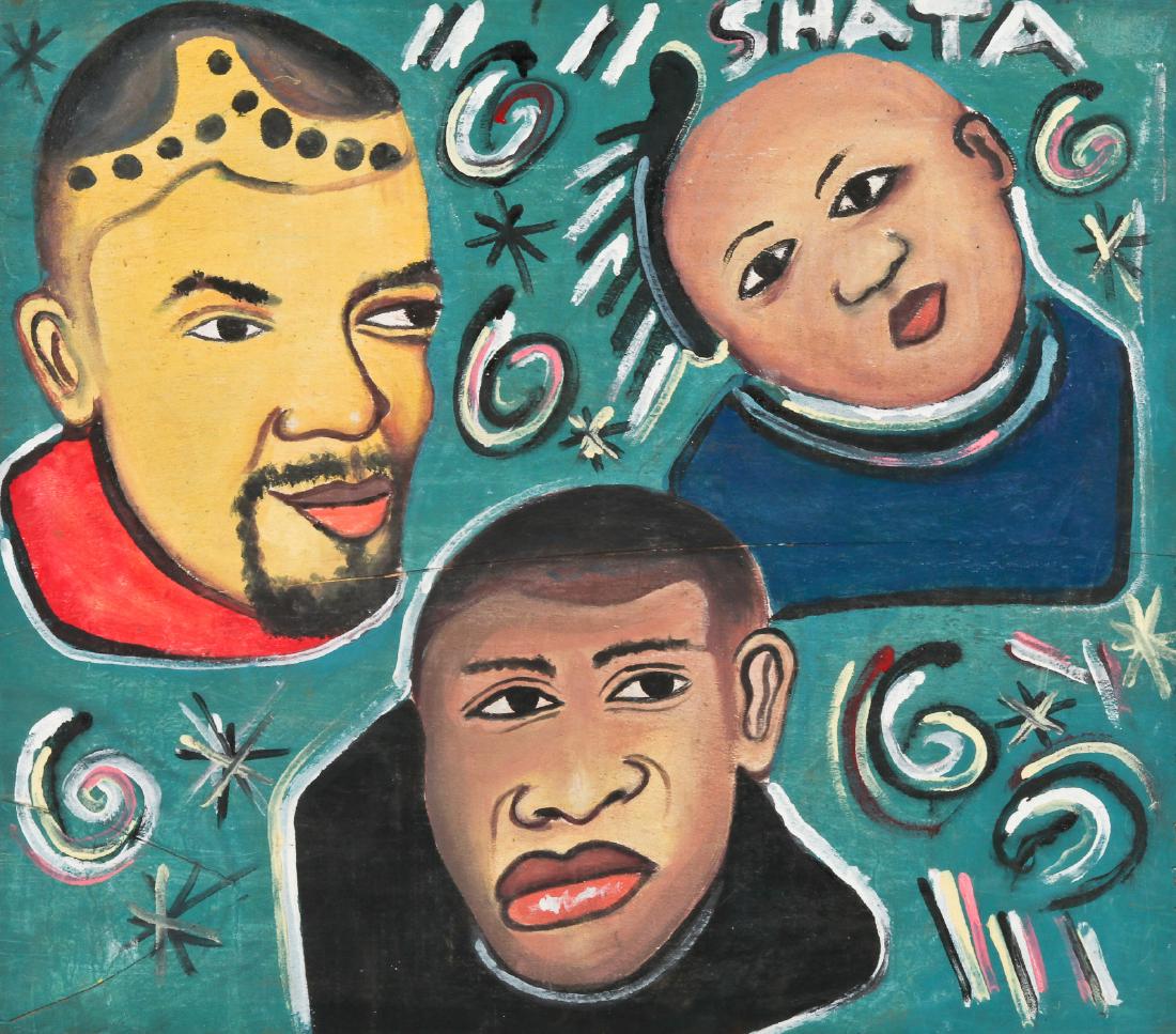 African Hand-painted Coiffeur Sign: Shata: African Hand-painted Coiffeur Sign: Shata, paint on wood panel. Unframed. Size: 24'' x 27'', 61 x 69 cm (board). Jonathan Demme Collection.